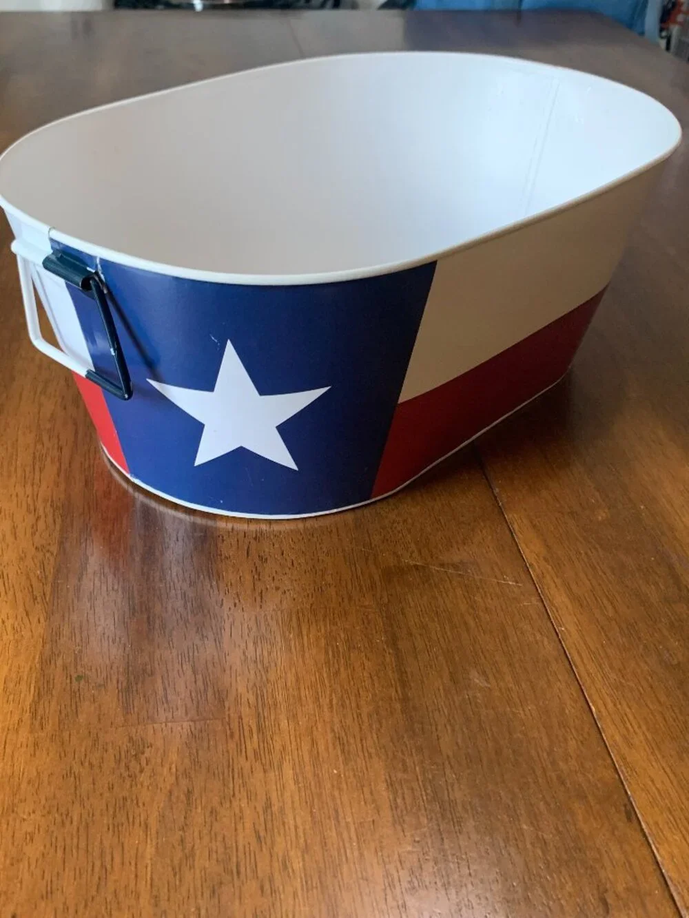 Texas Lone Star Flag Oval Metal Bucket Tub Bin Handles Drink Caddy Decor 14x8x5.